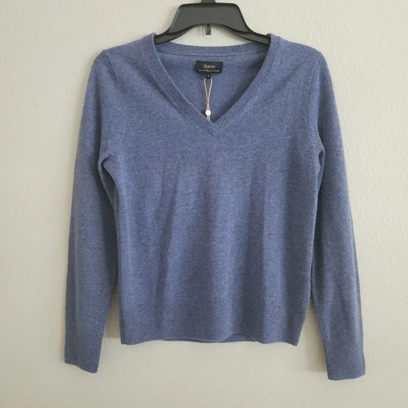 QUINCE 100% Mongolian Cashmere V-Neck Sweater Heather Storm Blue Small - Picture 1 of 7